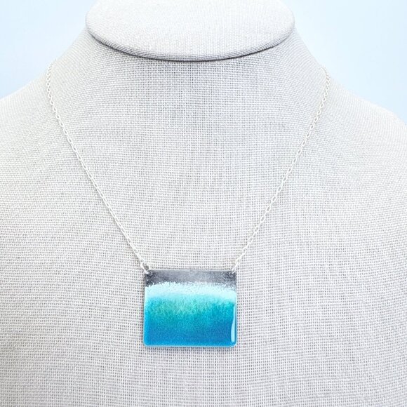 Sterling Silver 925 Blue Enamel Ocean Design Pendant Necklace Size 18" Length - Picture 1 of 14
